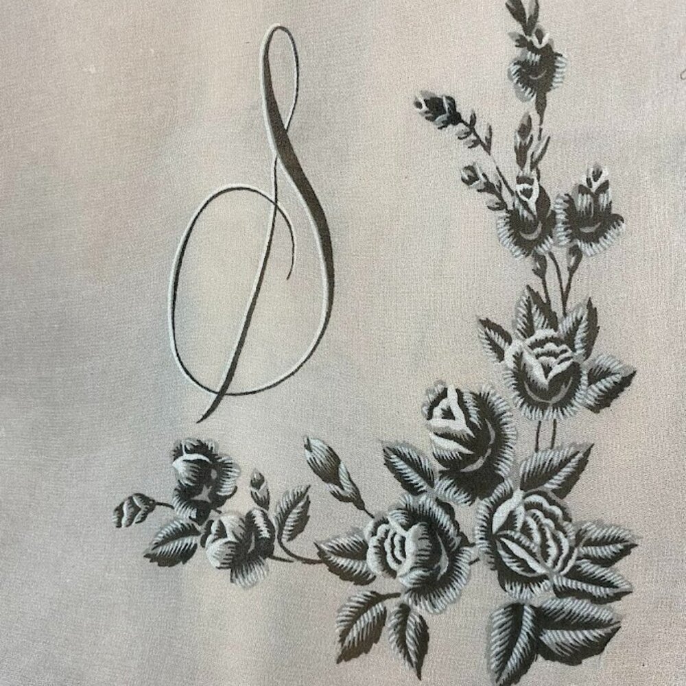 Vintage Turkish Airlines scarf, cream with black/green floral-Initial letter S